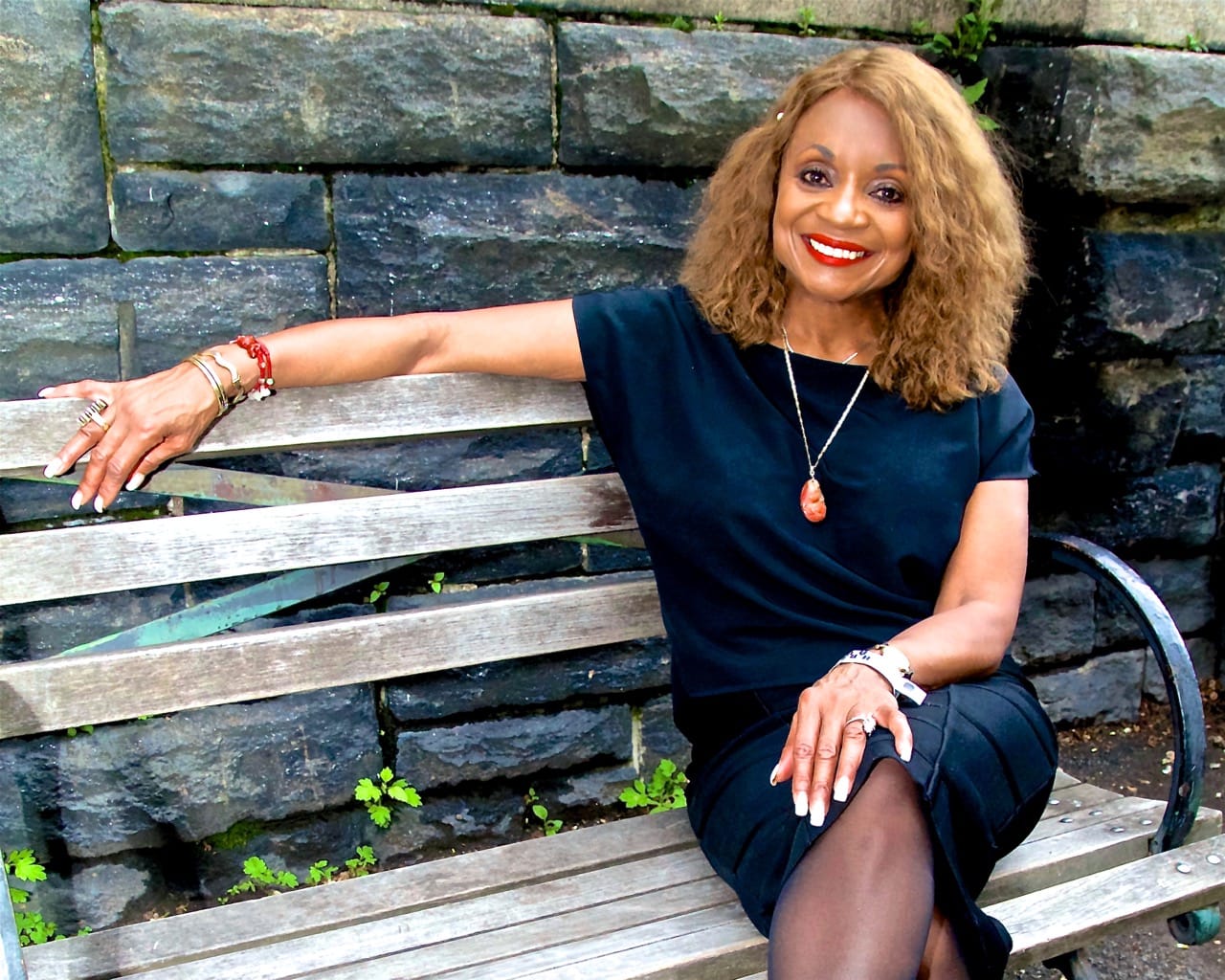 Eugenia Foxworth on a bench